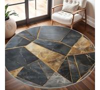 Round Area Rug 100 cm Diameter - Ultra-Soft Flannel Marble Geometric Art Circular Floor Mat, Anti-Slip Low Pile Washable Black Gold Round Carpet for for Kid Bedroom & Living Room
