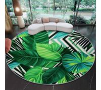 Round Area Rug 100 cm, Green Washable Soft Fluffy Circle Rugs with Non-Slip Backing, Tropical Elements Palm Leaves Geometry Short Pile Round Rug for Living Room, Bedroom, Dining Room
