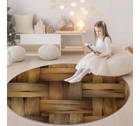 Round Area Rug 100 cm Rustic Wicker Texture Washable Circle Rugs Bedroom Round Area Rug Short Pile Anti Slip Carpet Yellow, for Dining Room Kids Room Hallway