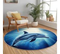 Round Area Rug 100 cm Soft Circle Carpet Non Slip Washable Dolphin Sea Animal Printed Theme Floor Round Rugs for Living Room Bedroom Nursery Swing Chair Bed Side, Blue White