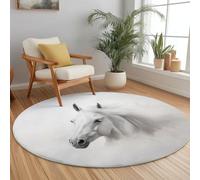 Round Area Rug 100 cm Soft Circle Carpet Non Slip Washable Horse Animal Close-Up Printed Theme Floor Round Rugs for Living Room Bedroom Nursery Swing Chair Bed Side, White Gray