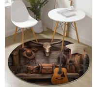 Round Area Rug 100 cm Soft Circle Carpet Non Slip Washable Retro Western Cowboy Guitar Printed Theme Floor Round Rugs for Living Room Bedroom Nursery Swing Chair Bed Side, Brown