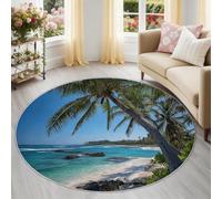 Round Area Rug 100 cm, Soft Non-Slip Nursery Rugs, Natural Seascape, Tropical Beach, Palm Leaves Washable Non-Slip Low Pile Green Carpet for Living Room Boys & Girls Bedroom Entryway