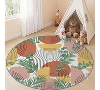 Round Area Rug 100 cm Washable Bedroom Geometric Leaf Circle Rugs | Non-Slip Bohemian Tropical Leaf Print Short Pile Soft Carpet for Entryway Sofa Living Room Kids Room Decor, Terracotta