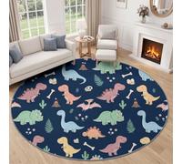 Round Area Rug 120 cm Dark Blue Cartoon Cute Washable Non-Slip Carpet | Dinosaurs Dinosaur Eggs Volcanoes Ferns Bones Circle Rug with Anti-skid Base, Machine Cleanable Mat for Reading Nook Lounge
