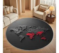 Round Area Rug 120 cm Diameter - Ultra-Soft Flannel Abstract World Map Circular Floor Mat, Anti-Slip Low Pile Washable Black Round Carpet for for Kid Bedroom & Living Room