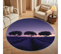 Round Area Rug 120 cm Diameter - Ultra-Soft Flannel Mediterranean Lavender Field Circular Floor Mat, Anti-Slip Low Pile Washable Purple Round Carpet for for Kid Bedroom & Living Room