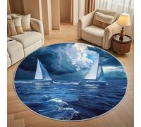 Round Area Rug 120 cm Diameter - Ultra-Soft Flannel Rough Ocean Sailing Circular Floor Mat, Anti-Slip Low Pile Washable Dark Blue Round Carpet for for Kid Bedroom & Living Room