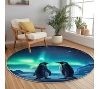 Round Area Rug 120 cm Soft Circle Carpet Non Slip Washable Penguins Photography Aurora Stars Printed Theme Floor Round Rugs for Living Room Bedroom Nursery Swing Chair Bed Side, Sage Green Navy Blue
