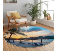 Round Area Rug 120 cm Soft Circle Carpet Non Slip Washable Photography Tropical Palm Trees Beach Printed Theme Floor Round Rugs for Living Room Bedroom Nursery Swing Chair Bed Side, Navy Cream