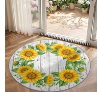 Round Area Rug 120 cm, Soft Circle Carpet Washable Watercolour Rustic | Plants Flowers Leaves Wood Planks Printed Floor Round Rugs for Living Room Bedroom Nursery Swing Chair Bed Side, Yellow