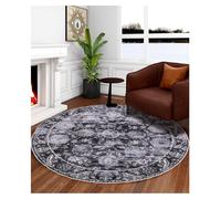Round Area Rug, 120cm Grey Vintage Soft Circle Carpet, Non Slip Hallway Floor Mat, Machine Washable Boho Carpet Floor Mat, Floral Pattern Round Rug for Living Room Bedroom Bathroom
