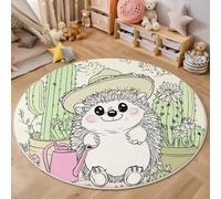Round Area Rug 120Cm Soft Circle Carpet Rug Short Pile Non Slip Washable Cute Happy Hedgehog Floor Round Rugs For Living Room Bedroom(Light Green Cartoon Cactus Garden)