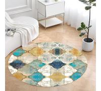 Round Area Rug 130 cm Ø Modern Geometric Vintage Carpet for Living Room Bedroom Nightstands Office Chair Cream Beige ge Yellow Blue Decor