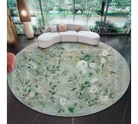Round Area Rug 140 cm, Washable Elegant Leaves Flowers Border Circle Rug for Bedroom, Green White Low-Pile Soft Round Carpet for Living Room, Ideal for High Traffic Areas in Entryway