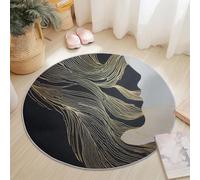 Round Area Rug 150 cm Short Pile Rug, Abstract Line Woman Non Slip Non-Shedding Circle Carpet, Home Living Room Bedroom Kids Room Office Kitchen Mat Black Gold