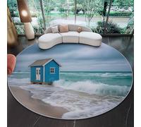 Round Area Rug 150 cm, Soft Fluffy Multicolored Circle Carpet, Short Pile Non Slip Washable Landscape Marine Waves Beach Cottage Round Rugs for Living Room Bedroom Coffee Table Entrance