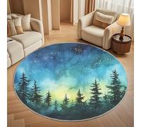 Round Area Rug 160 cm Diameter - Ultra-Soft Flannel Aurora Borealis Pine jungle Pattern Circular Floor Mat, Anti-Slip Low Pile Washable Watercolor Style Round Carpet for for Kid Bedroom & Living Room