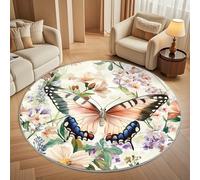 Round Area Rug 160 cm Diameter - Ultra-Soft Flannel Butterfly Floral Pattern Circular Floor Mat, Anti-Slip Low Pile Washable Colorful Round Carpet for for Kid Bedroom & Living Room