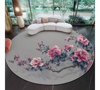Round Area Rug 160 cm, Soft Fluffy Grey Circle Carpet, Short Pile Non Slip Washable Chinese Traditional Exquisite Floral Peony Round Rugs for Living Room Bedroom Coffee Table Entrance