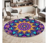 Round Area Rug 160 cm Soft Touch Psychedelic Style Carpet Washable Non Slip Kaleidoscope Mandala Round Rug for Living Room Bedroom Bedside Decor, Dark Purple