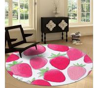 Round Area Rug 160 cm, Washable Bathroom Hand Drawn Style Non-Slip Large Circle Rugs for Bedroom Throw Soft Watercolor Strawberries Plants Print Carpet for Entryway Sofa Living Room