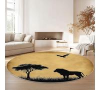 Round Area Rug Ø180 Cm Naturalism Lions Trees Soft Washable Non Slip Circle Carpet For Living Room Bedroom Dining Room - Low Pile Faux Wool Floor Mat Home Decor Yellow