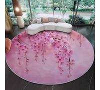 Round Area Rug 180 cm, Pink Washable Soft Fluffy Circle Rugs with Non-Slip Backing, Oriental Watercolor Cherry Blossom Tree Short Pile Round Rug for Living Room, Bedroom, Dining Room