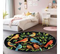 Round Area Rug 180 cm Short Pile Rug, Cartoon Birds Branches Non Slip Non-Shedding Circle Carpet, Home Living Room Bedroom Kids Room Office Kitchen Mat Black Green