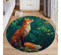 Round Area Rug 180cm, Soft Low Pile Nature Wildlife Flannel Circle Carpet, Forest Fox Printed Orange Color Rug with Non-Slip Backing, for Living Room Bedside Playroom Nursery