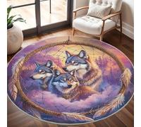 Round Area Rug 200 cm Diameter - Ultra-Soft Flannel Animal Wolf Dream Catcher Circular Floor Mat, Anti-Slip Low Pile Washable Multicolor Round Carpet for for Kid Bedroom & Living Room