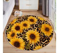Round Area Rug, 200 Cm Mustard Yellow Soft Circle Carpet, Non Slip Hallway Floor Mat, Machine Washable Watercolor Sunflowers Rugs, Vintage Leopard Print Pattern Round Rug For Living Room Bedroom