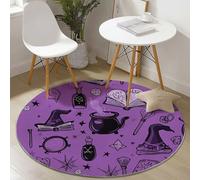 Round Area Rug 200 cm Purple Black Circular Carpet Soft Non-Slip Washable Mat, Hand-Drawn Witch'S Hat Spellbook Fantasy Low Pile Stain Resistant Rug for Living Room Bedroom Decoration