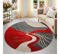 Round Area Rug 200 cm, Soft Non-Slip Nursery Area Rugs, Abstract Geometric River Line Washable Low Pile Playroom Carpet for Living Room, Boys & Girls Bedroom, Circular Floor Mat Red Gray