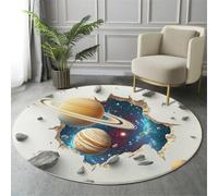 Round Area Rug 200Cm Soft Circle Carpet Rug Short Pile Non Slip Washable Stars Hole In The Wall Floor Round Rugs For Living Room Bedroom(White Space Theme Design)