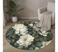 Round Area Rug 60cm Ultra Soft Touch Carpet Rugs Washable Non Slip Home Decor Rug Elegant Flowers White Peony Living Room Rug Bedside Floor for Bedroom,Green