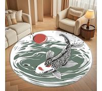 Round Area Rug 80 cm Diameter - Ultra-Soft Flannel Japanese Koi Pattern Circular Floor Mat, Anti-Slip Low Pile Washable Minimalism Round Carpet for for Kid Bedroom & Living Room