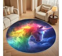 Round Area Rug 80 cm Diameter - Ultra-Soft Flannel Rainbow Unicorn Circular Floor Mat, Anti-Slip Low Pile Washable Blue Starry Sky Round Carpet for for Kid Bedroom & Living Room