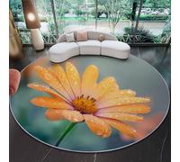 Round Area Rug 80 cm, Orange Color Washable Soft Fluffy Circle Rugs with Non-Slip Backing, Close-Up Daisy Flower Water Drops Short Pile Round Rug for Living Room, Bedroom, Dining Room