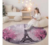 Round Area Rug 80 cm Soft Circle Carpet, Non Slip Hallway Floor Mat, Pink Gray Machine Washable Watercolor Flowers Paris Architecture Pattern Round Rug for Living Room Bedroom Bathroom