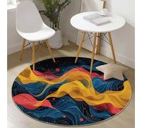 Round Area Rug 80 cm Soft Circle Carpet Non Slip Washable Abstract Waves Lines Dots Printed Theme Floor Round Rugs for Living Room Bedroom Nursery Swing Chair Bed Side, Yellow Blue