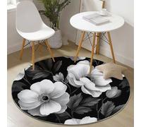 Round Area Rug 80 cm Soft Circle Carpet Non Slip Washable Elegant Botanical Watercolor Flowers Printed Theme Floor Round Rugs for Living Room Bedroom Nursery Swing Chair Bed Side, Black White