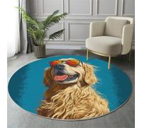 Round Area Rug 80Cm Soft Circle Carpet Rug Short Pile Non Slip Washable Happy Golden Retriever Floor Round Rugs For Living Room Bedroom(Khaki Cute Cartoon Design)