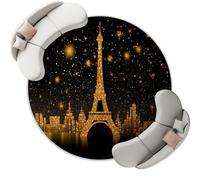Round Area Rug 90 cm Soft Circle Carpet, Non Slip Hallway Floor Mat, Gold Black Machine Washable Romance Paris Architecture Stars Pattern Round Rug for Living Room Bedroom Bathroom