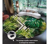 Round Area Rug 90 cm Soft Circle Carpet Short Pile Non Slip Washable Rug, Tropical Rainforest Plants Leaves Geometry Printed Floor Round Rugs for Living Room Bedroom Kitchen Home Decor - Green
