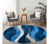 Round Area Rug Abstract Design Wavy Lines 90 cm, Washable Living Room Round Carpet Non-Slip Stain Rug Navy Blue, For Bedroom Hall Kids Baby Room, Hallway Runners Carpet Mat