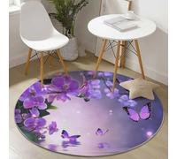 Round Area Rug, Beautiful Butterfly Orchid Pattern, Washable Non-Slip Carpet, Diameter 60 cm, Purple - Ideal for Living Room Bedroom Hallway Study Coffee Table or Bedside