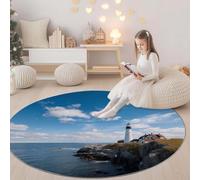 Round Area Rug Cape Portland Lighthouse Sky 90 cm, Washable Living Room Round Carpet Non-Slip Stain Rug Sky Blue, For Bedroom Hall Kids Baby Room, Hallway Runners Carpet Mat