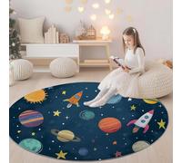 Round Area Rug Cartoon Celestial Bodies Rocket Patterns 60 cm, Washable Living Room Round Carpet Non-Slip Stain Rug Navy Blue, For Bedroom Hall Kids Baby Room, Hallway Runners Carpet Mat