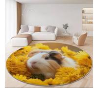 Round Area Rug, Cute Guinea Pig Chrysanthemum Pattern, Washable Non-Slip Carpet, Diameter 120 cm, Yellow - Ideal for Living Room Bedroom Hallway Study Coffee Table or Bedside